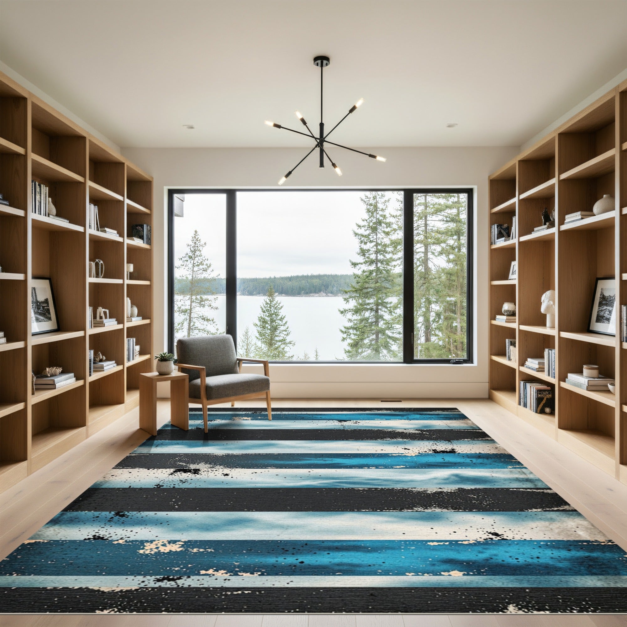 Dark Blue Distressed Aquatic Horizon Stripe Rug