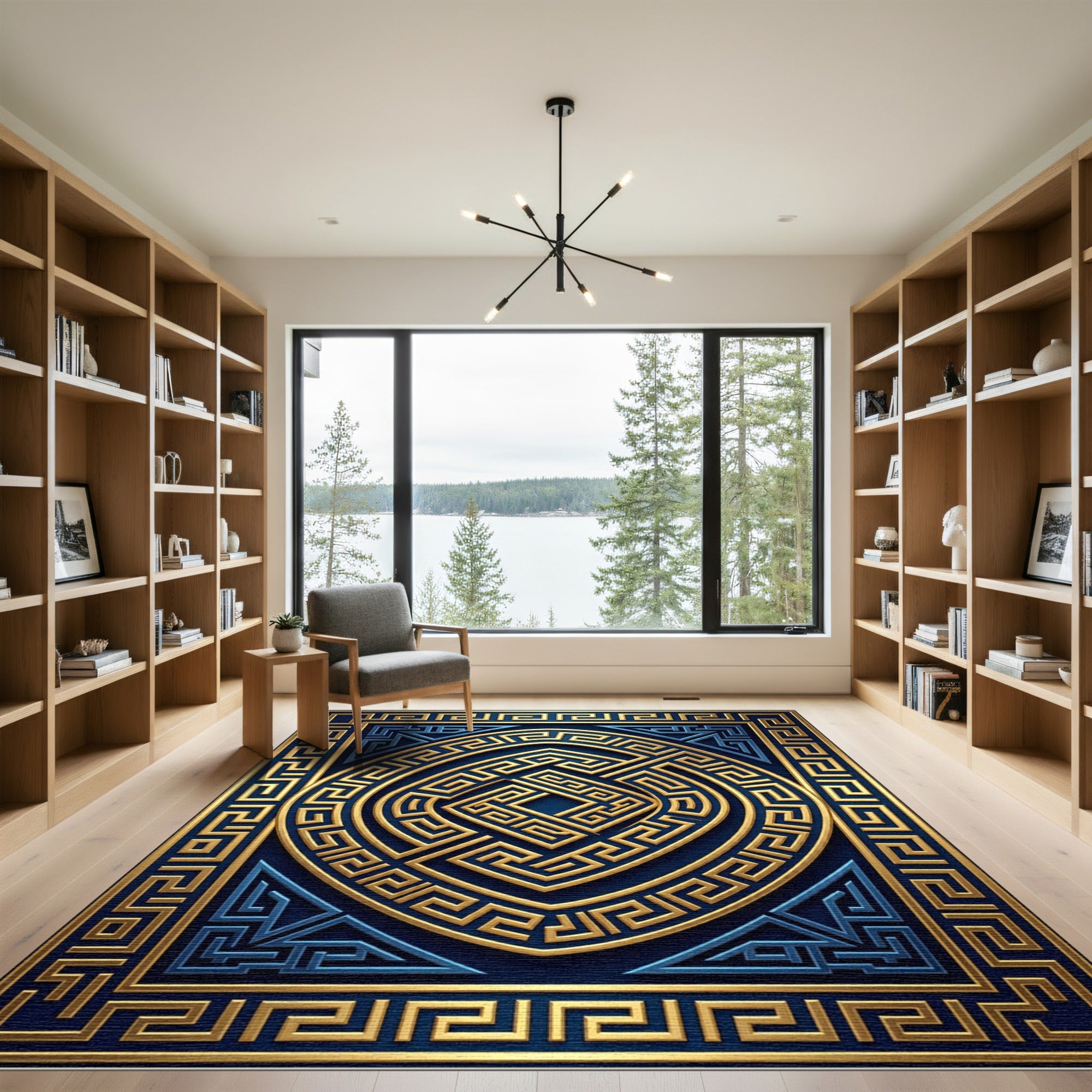 Gold and Navy Greek Key Medallion Rug