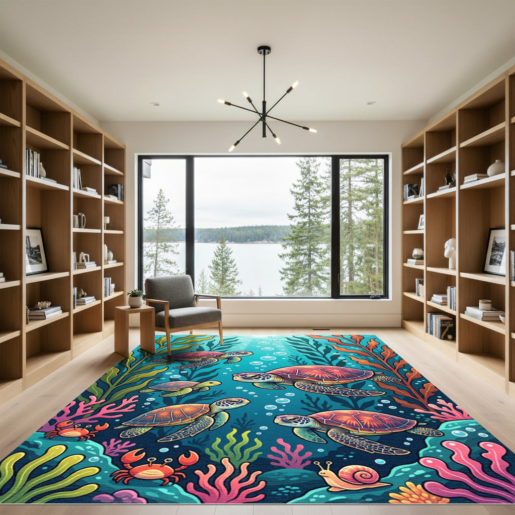 Vibrant Underwater Sea Turtle Kelp Life Rug