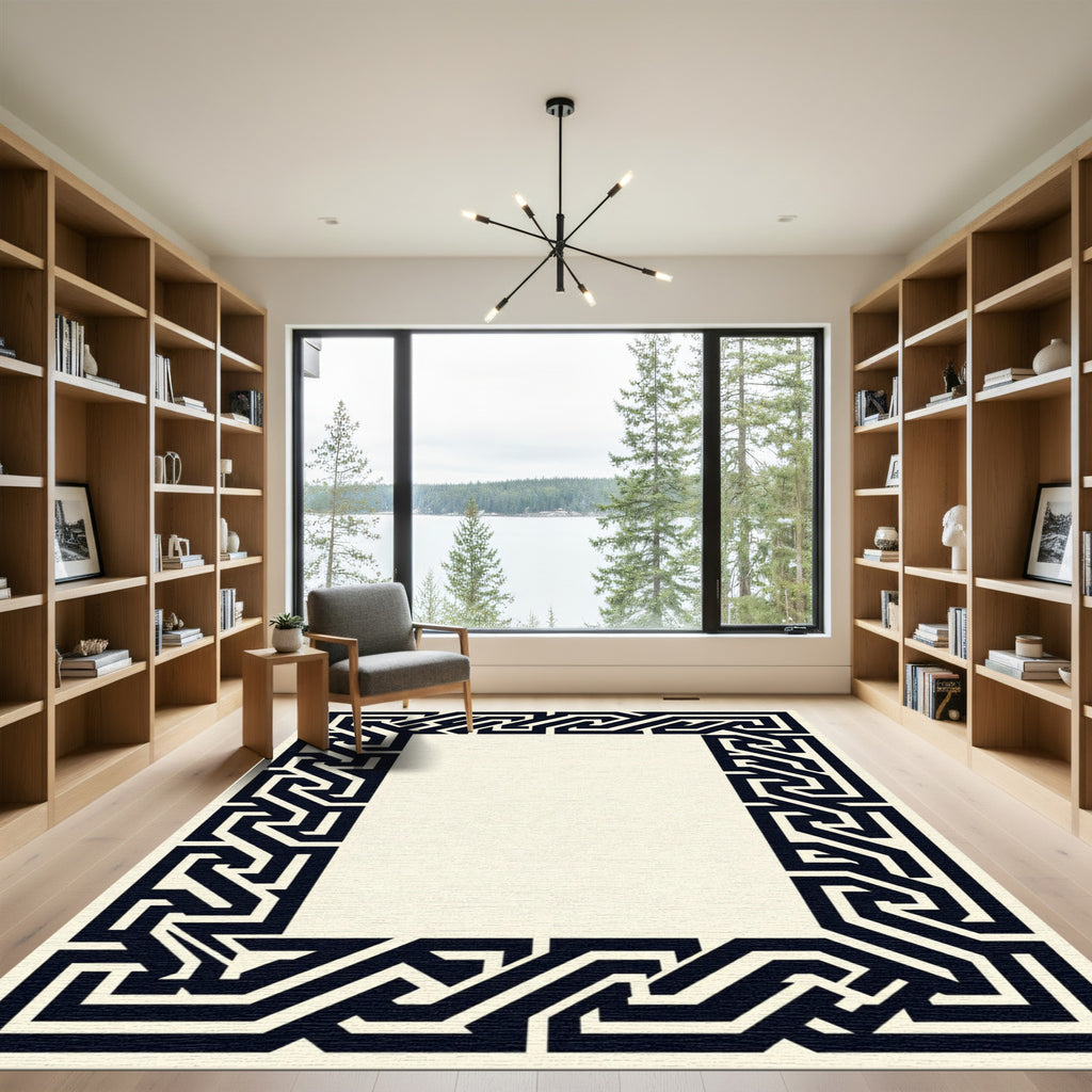 Dark Blue Interlocking Geometric Frame Rug