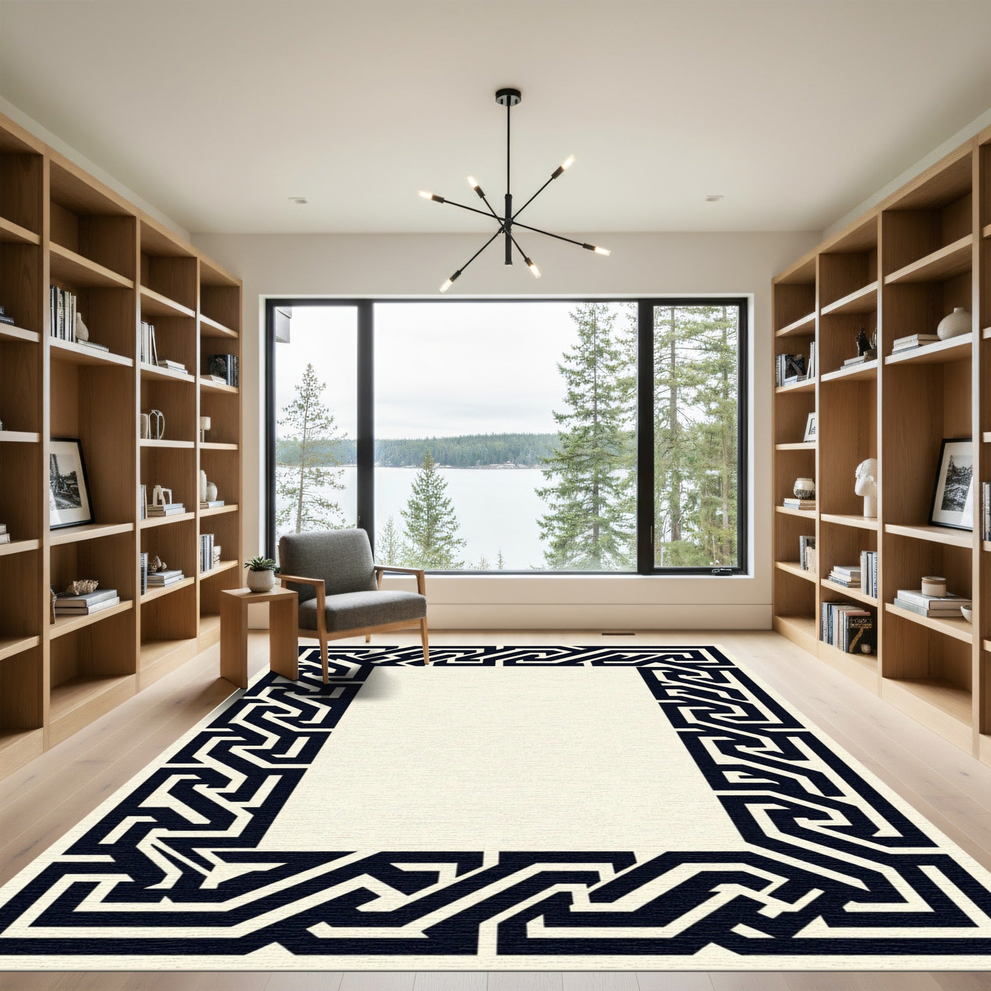 Dark Blue Interlocking Geometric Frame Rug