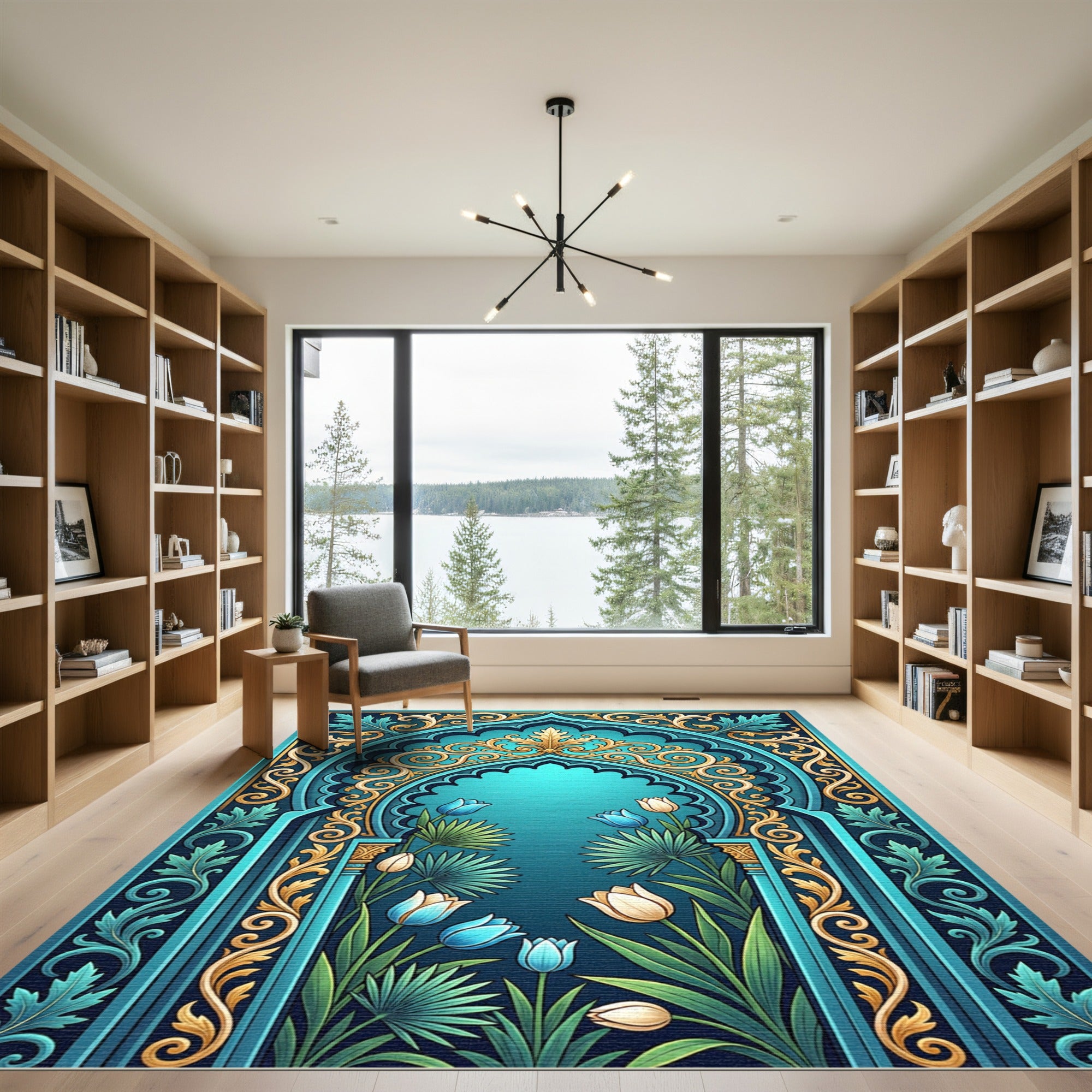 Turquoise Golden Floral Arch Garden Rug