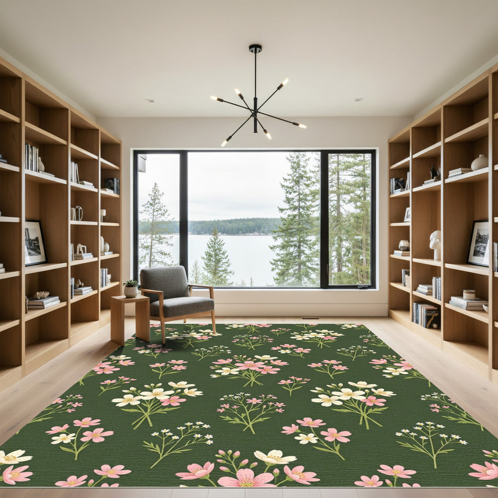 Delicate Pink Meadow Flower Olive Background Rug