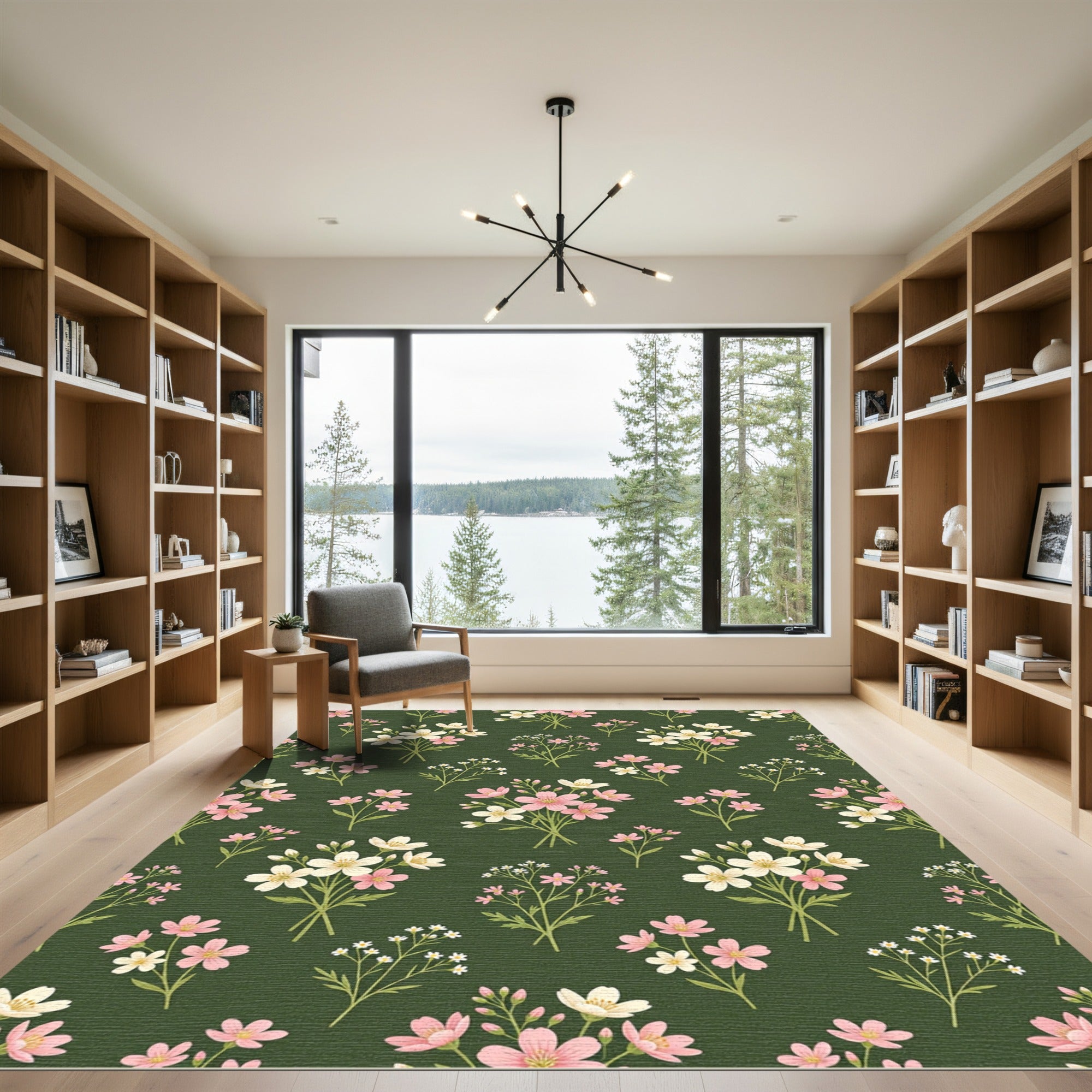 Delicate Pink Meadow Flower Olive Background Rug