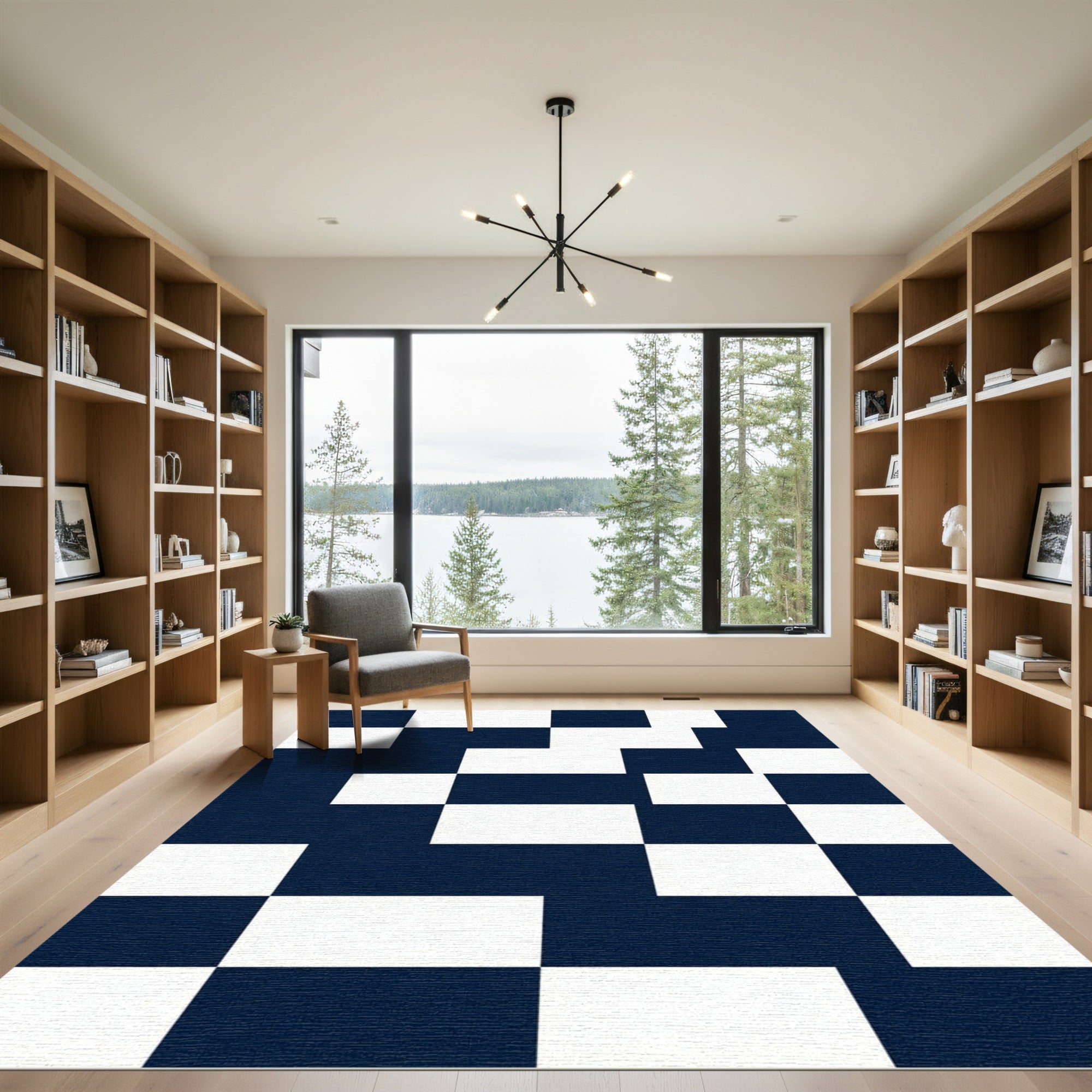 Navy Blue White Abstract Geometric Block Rug