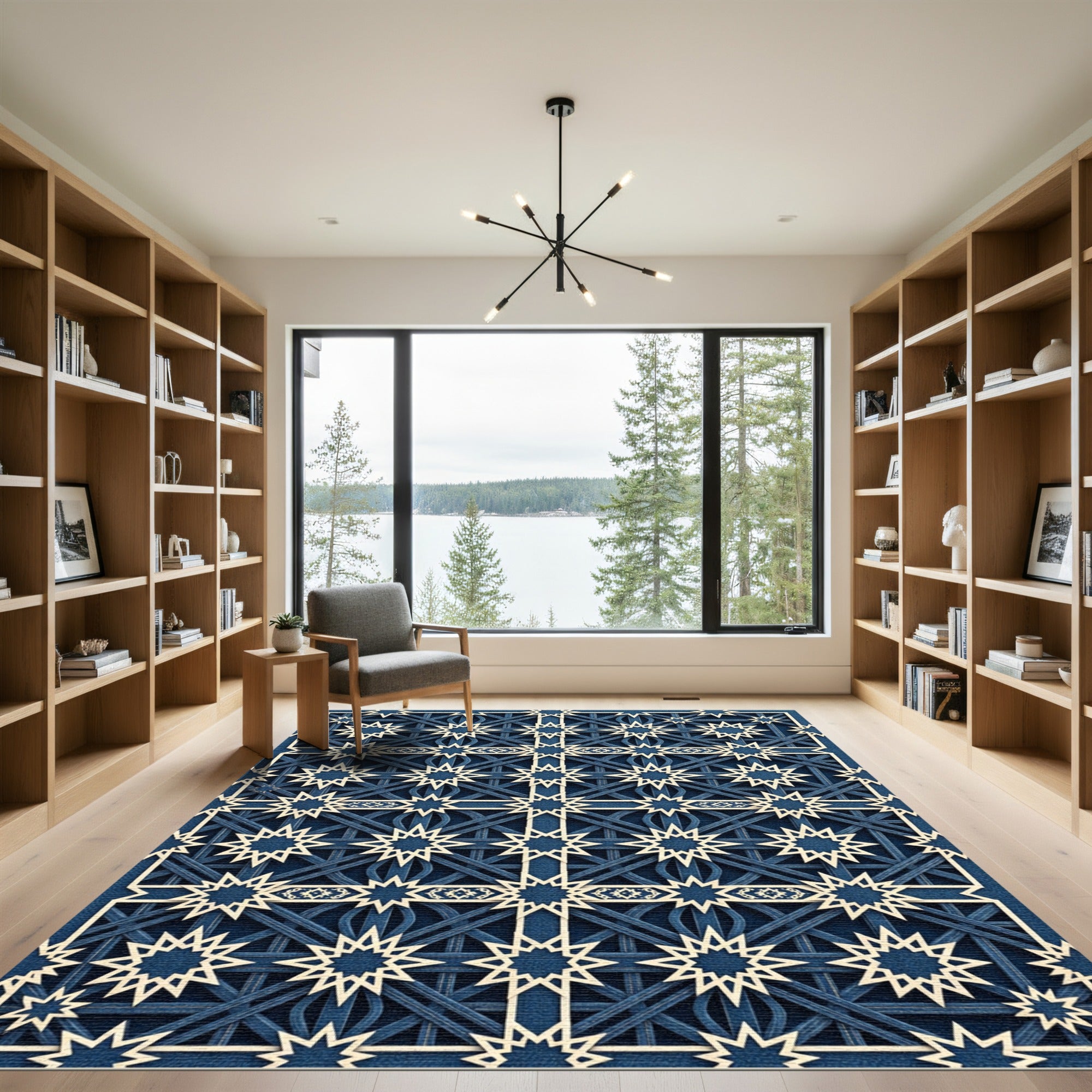 Midnight Geometric Navy Star Grid Rug