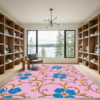 Blue Floral Vines on Pink Background Rug