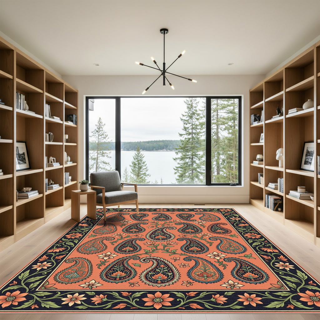 Coral Paisley Floral Border Rug