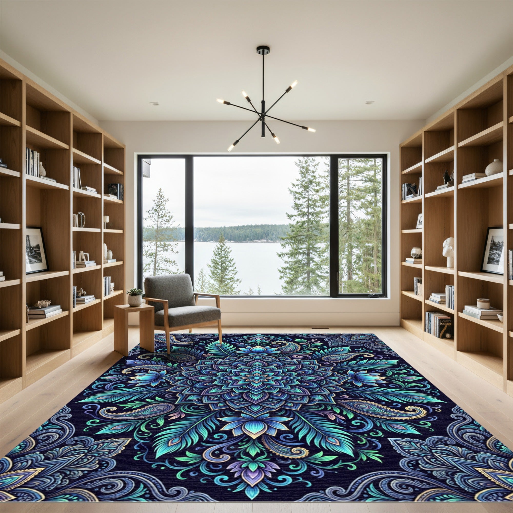 Peacock Teal Lotus Paisley Medallion Rug