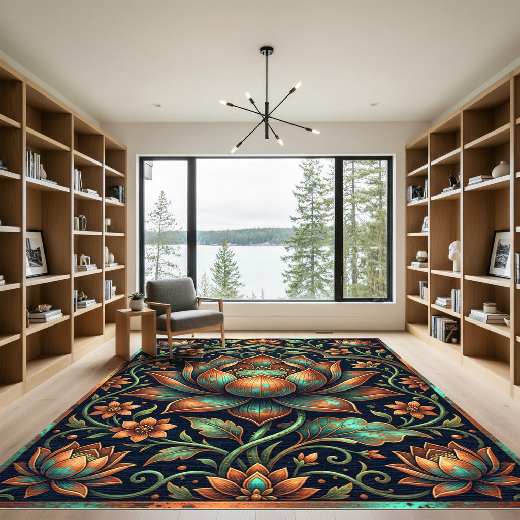 Copper Teal Lotus Floral Art Rug