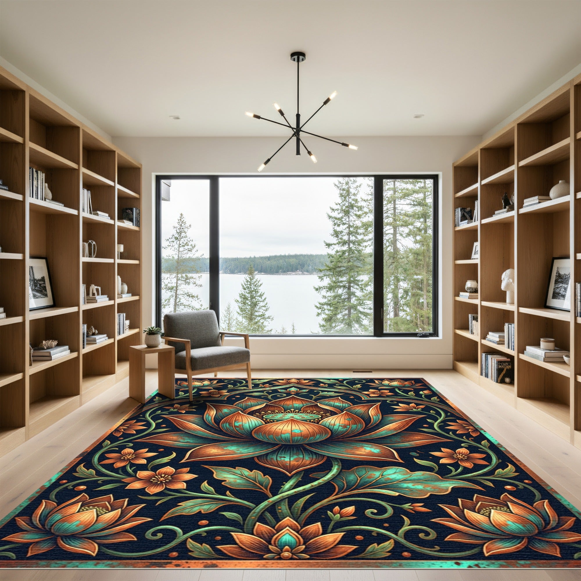 Copper Teal Lotus Floral Art Rug