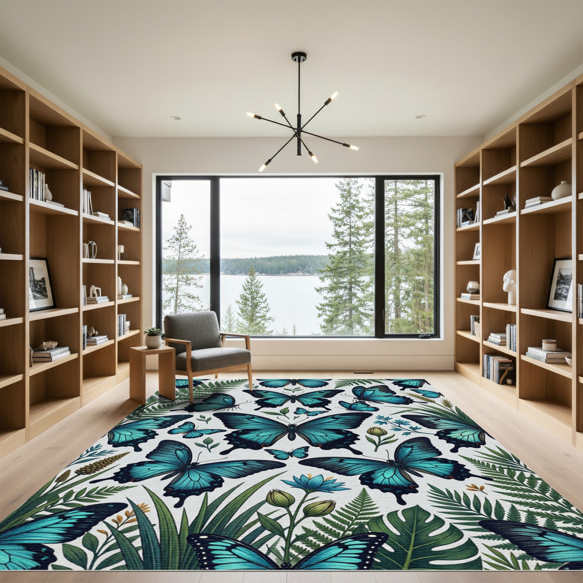 Vibrant Blue Butterfly Tropical Fern Garden Rug