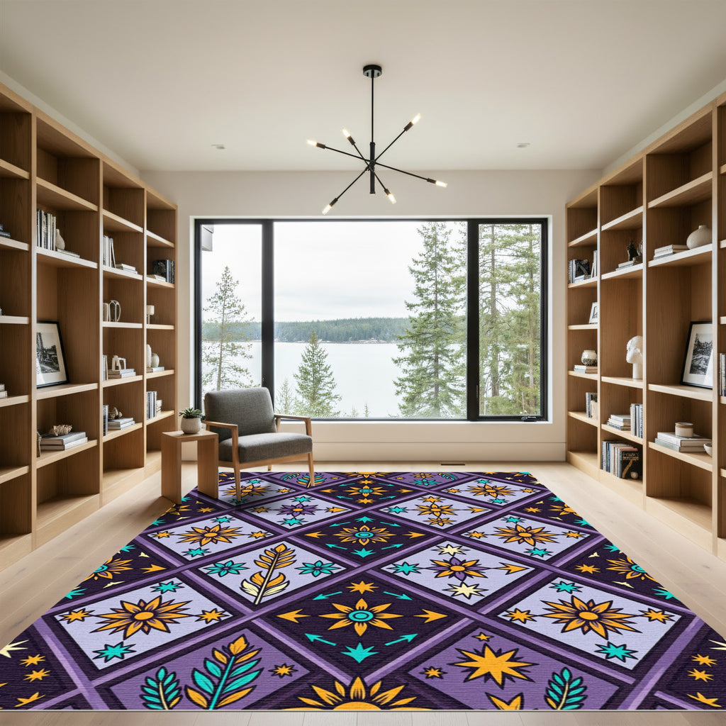 Purple Yellow Sun Star Diamond Rug