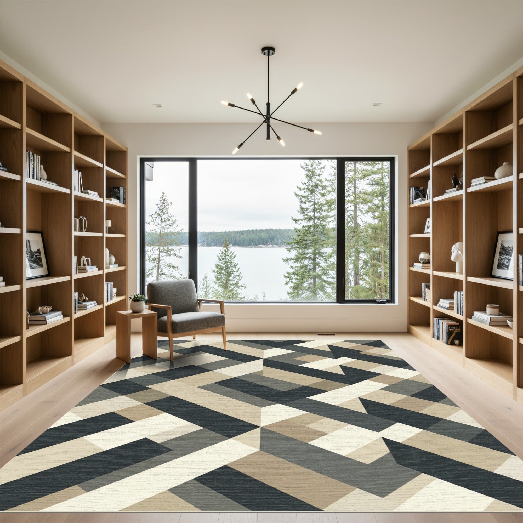 Geometric Abstract Wood Tone Interlocking Shapes Rug