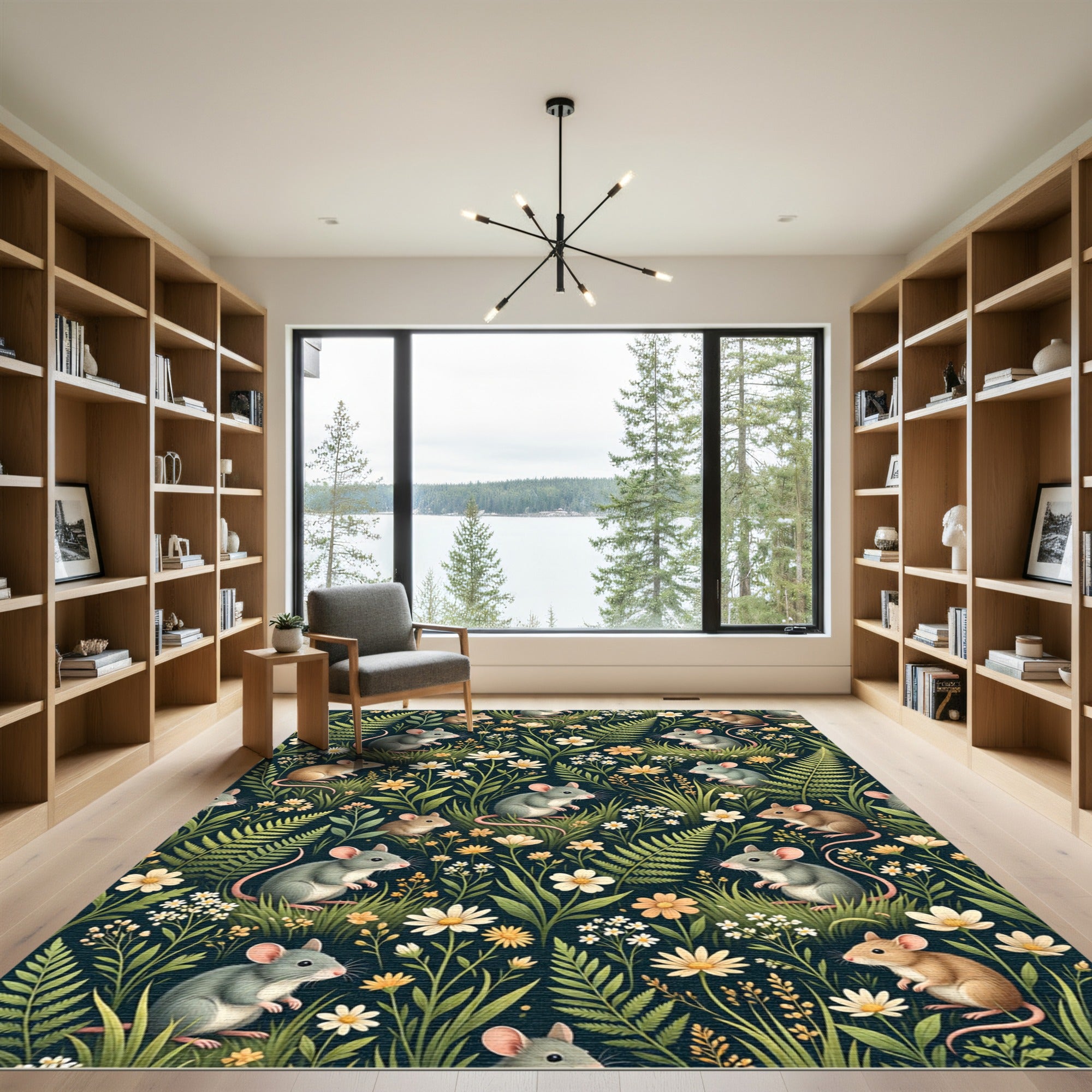 Whimsical Mice and Meadow Flower Field Rug