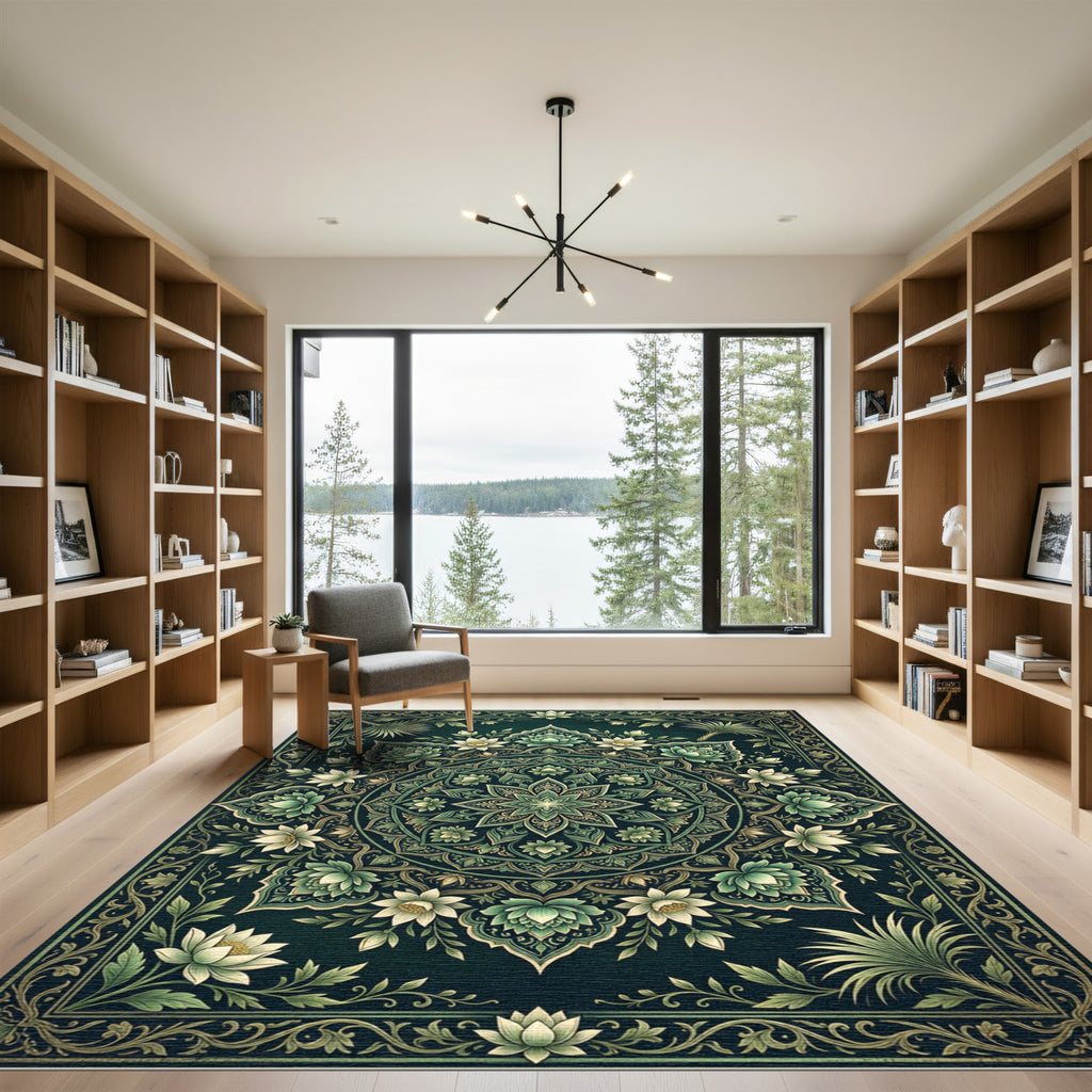Emerald Green Floral Lotus Mandala Rug