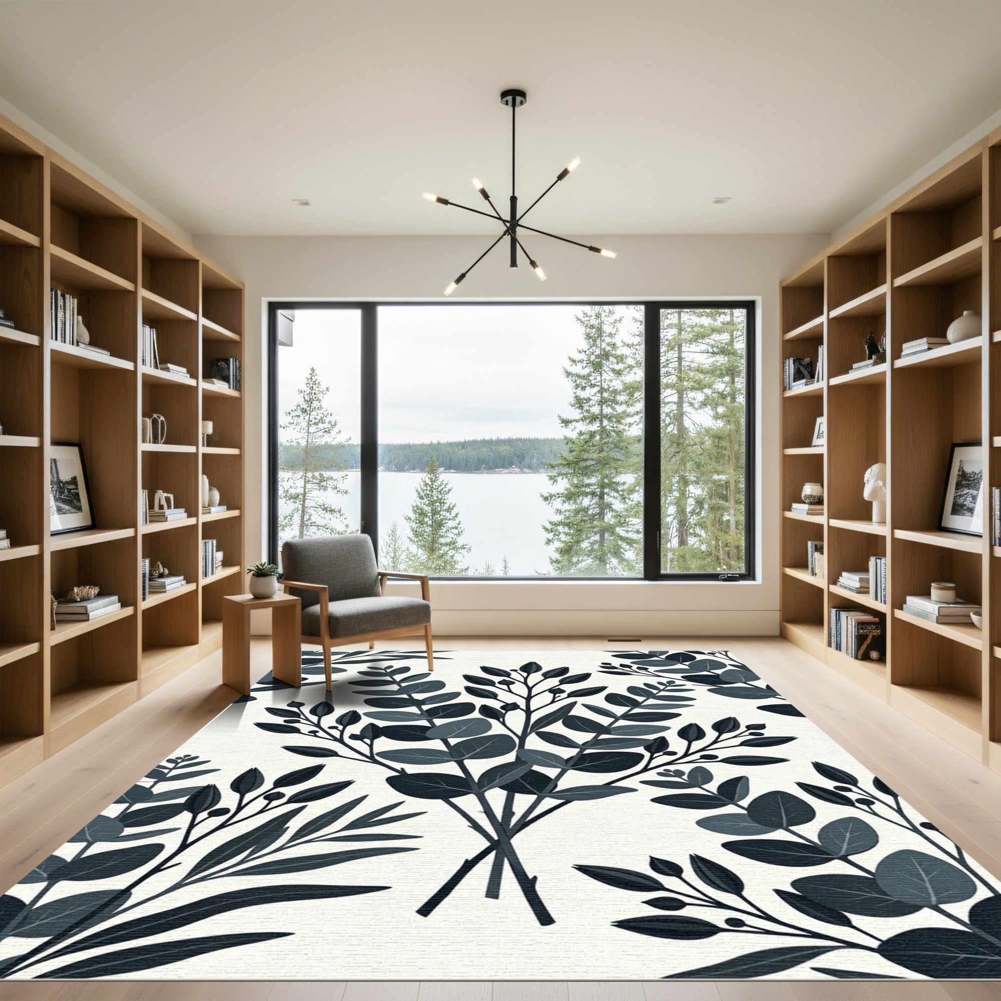 Dark Botanical Eucalyptus Leaf Charcoal Backdrop Rug