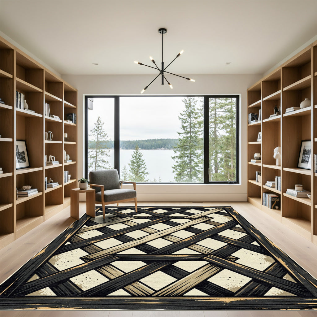 Dark Wood Geometric Lattice Grid Rug