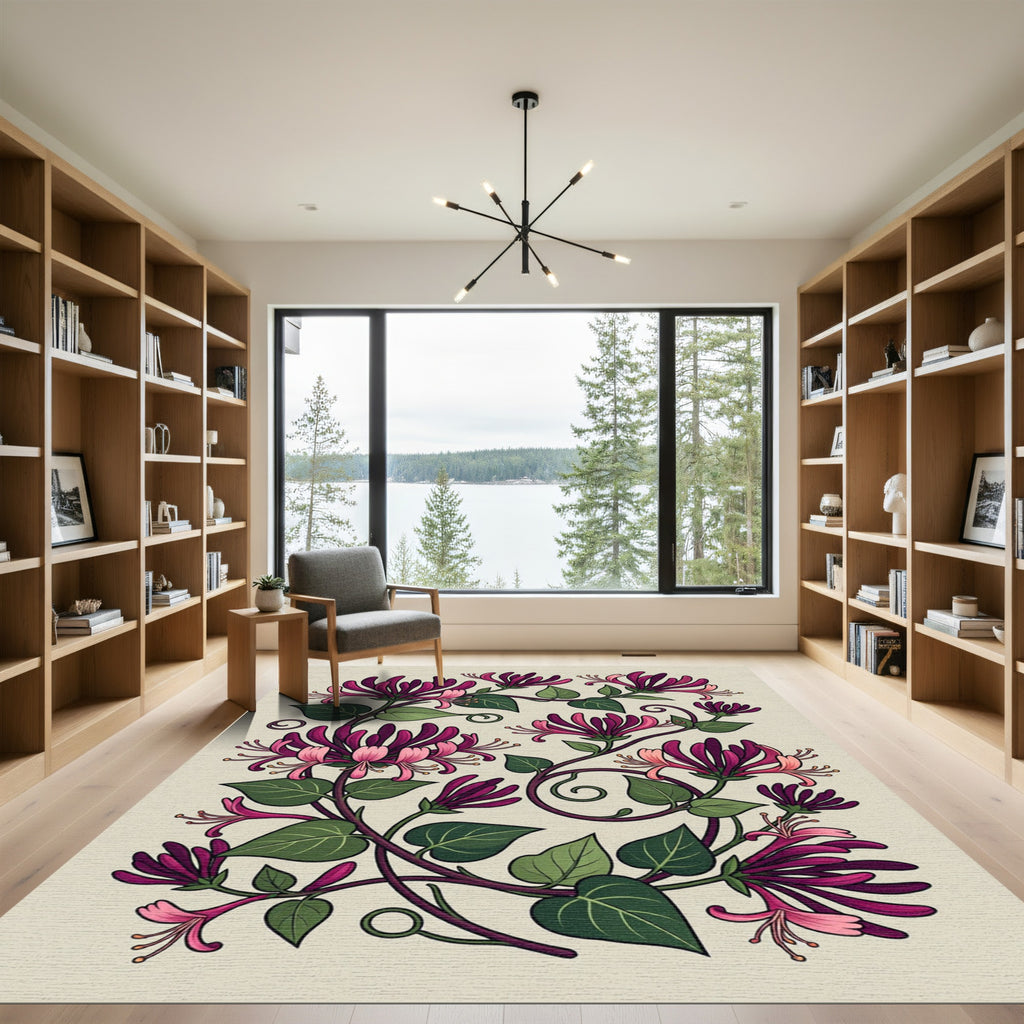 Elegance Crimson Honeysuckle Botanical Illustration Rug