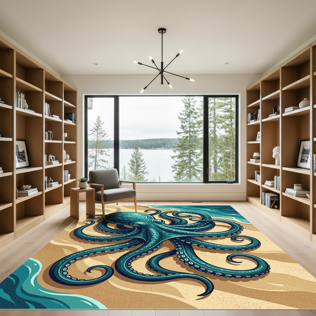 Deep Teal Coastal Octopus Shore Artwork Rug