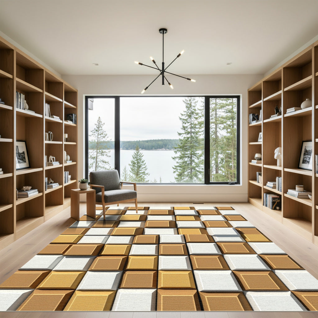 Bronze White Checkerboard Geometric Blocks Rug