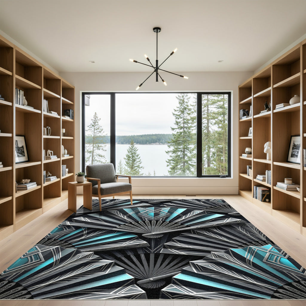 Art Deco Teal Geometric Fan Arrangement Rug