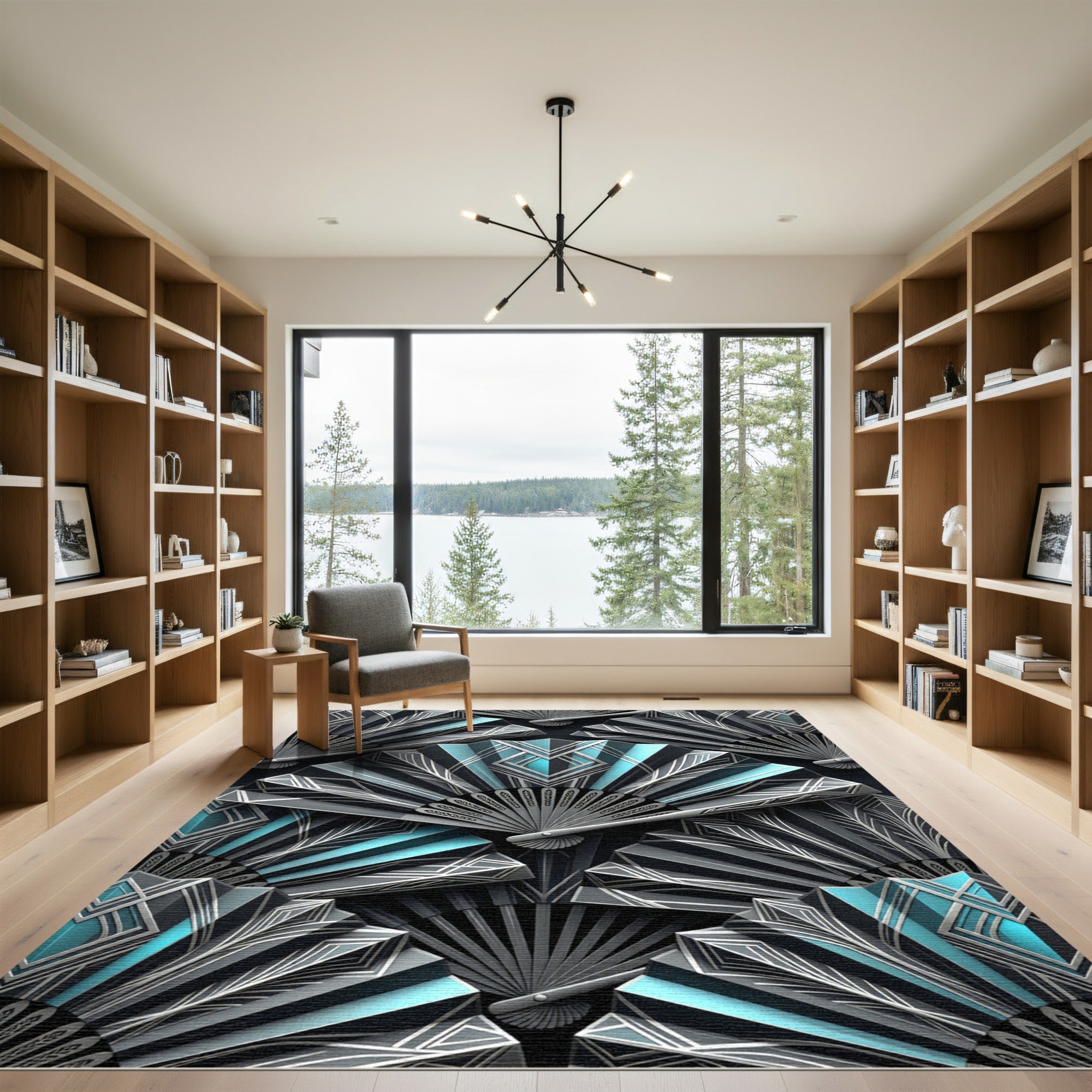 Art Deco Teal Geometric Fan Arrangement Rug