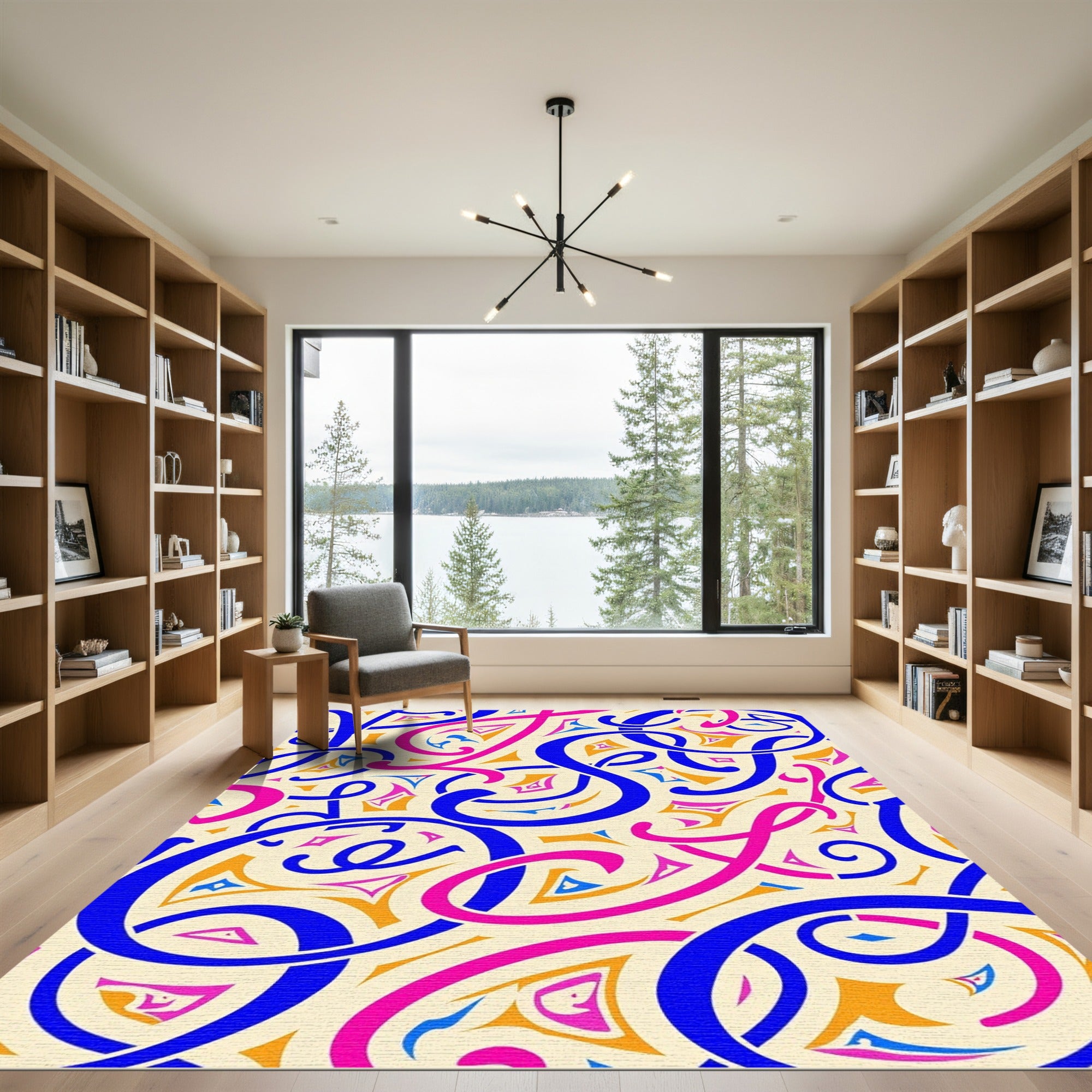 Bold Royal Blue Pink Calligraphic Swirls Rug