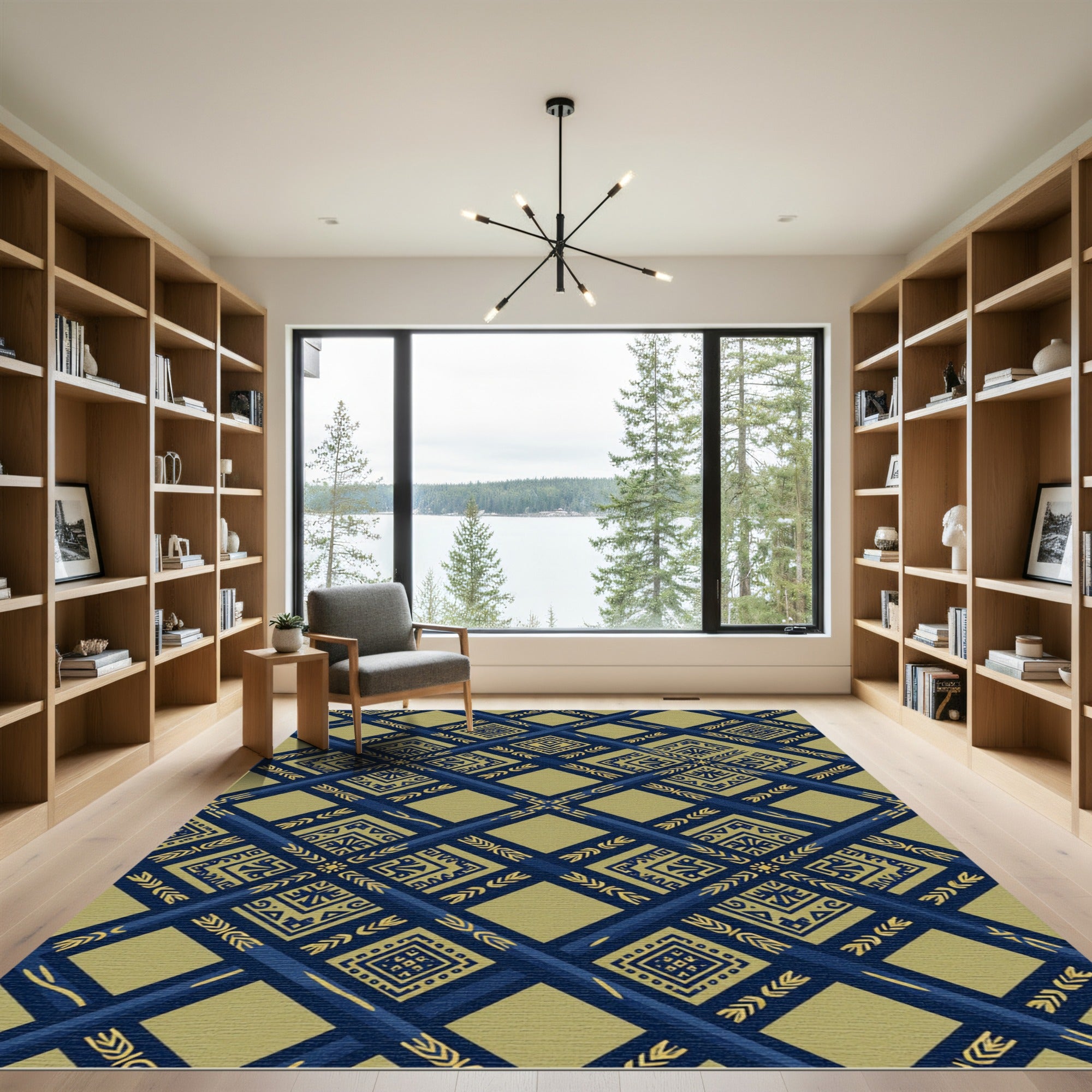 Geometric Navy Blue Gold Interlocking Tile Rug