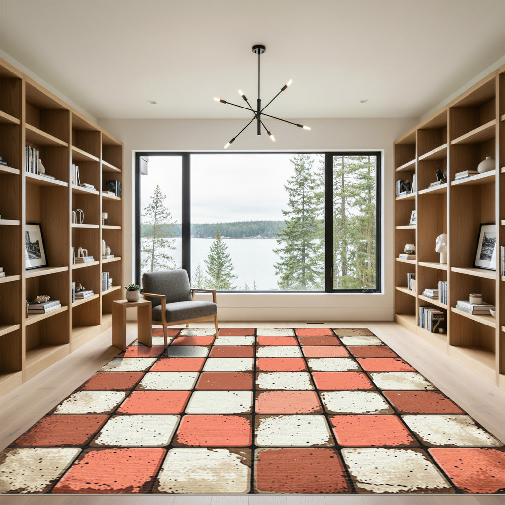 Terracotta Coral Checkerboard Squares Rug