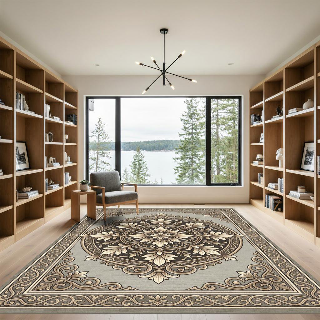 Ornate Tan Floral Medallion Border Rug
