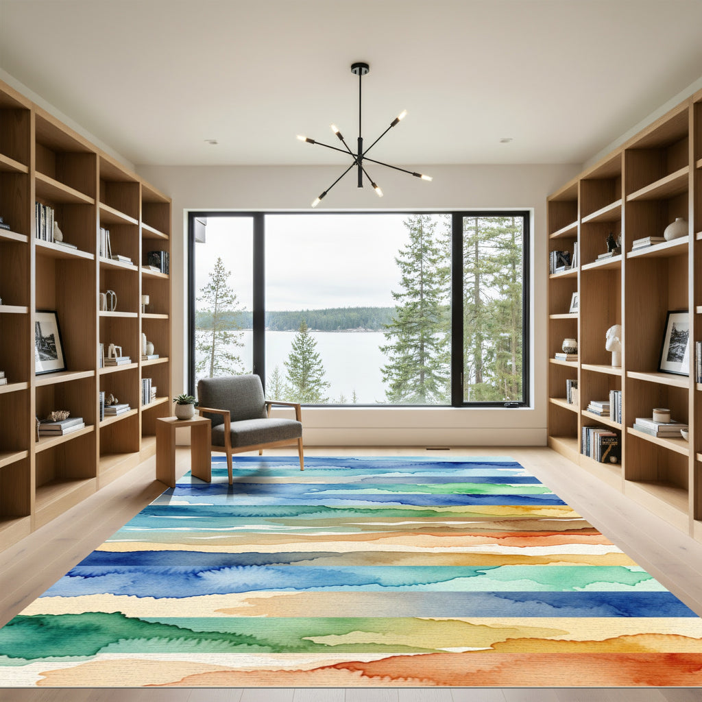 Coastal Watercolour Landscape Stripes Rug