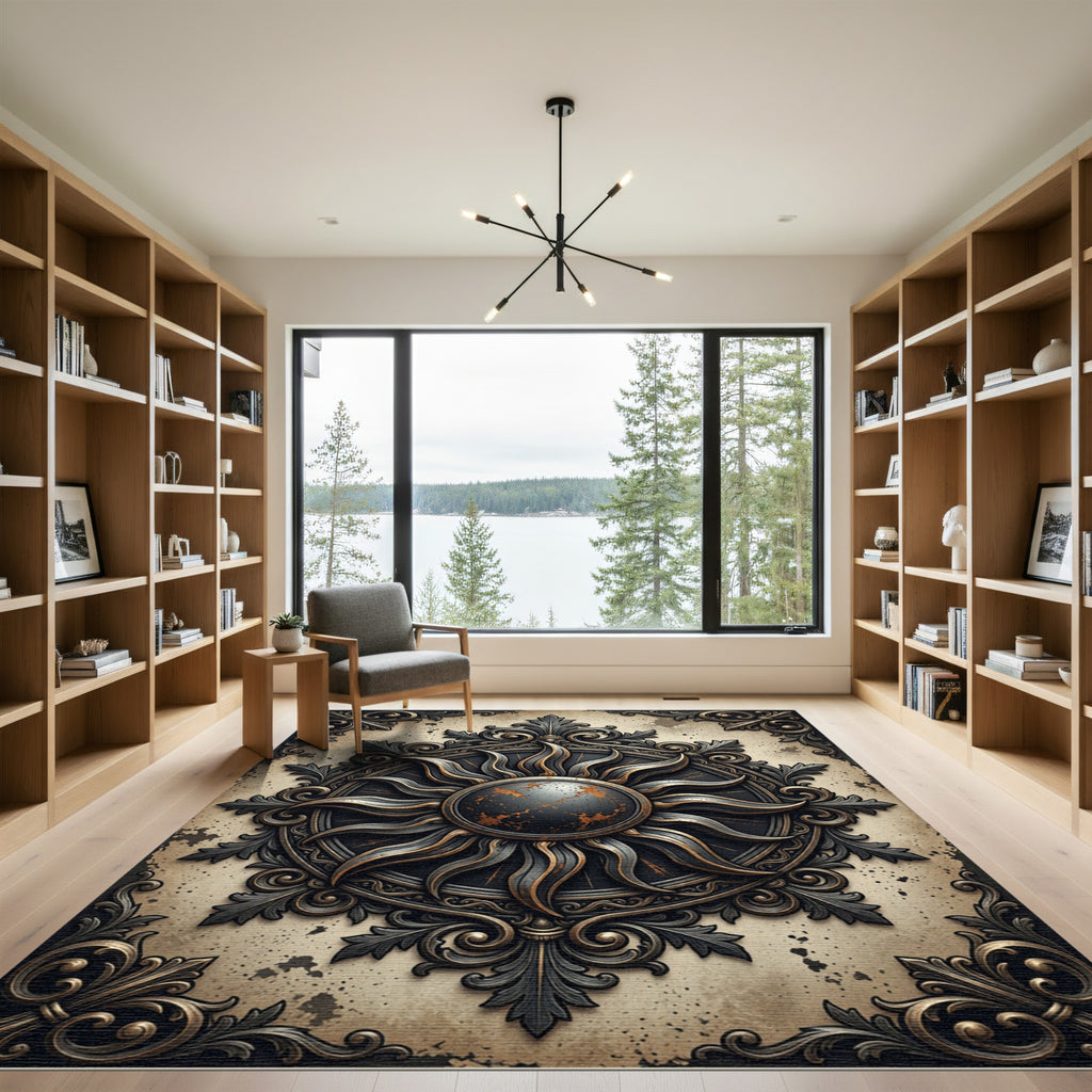 Antique Black and Gold Sun Medallion Rug
