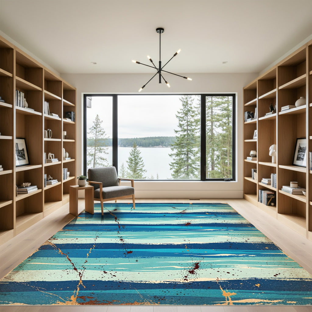 Distressed Blue Ocean Horizon Stripe Rug