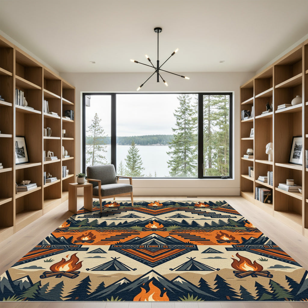 Geometric Mountain Campfire Earth Tone Textile Rug