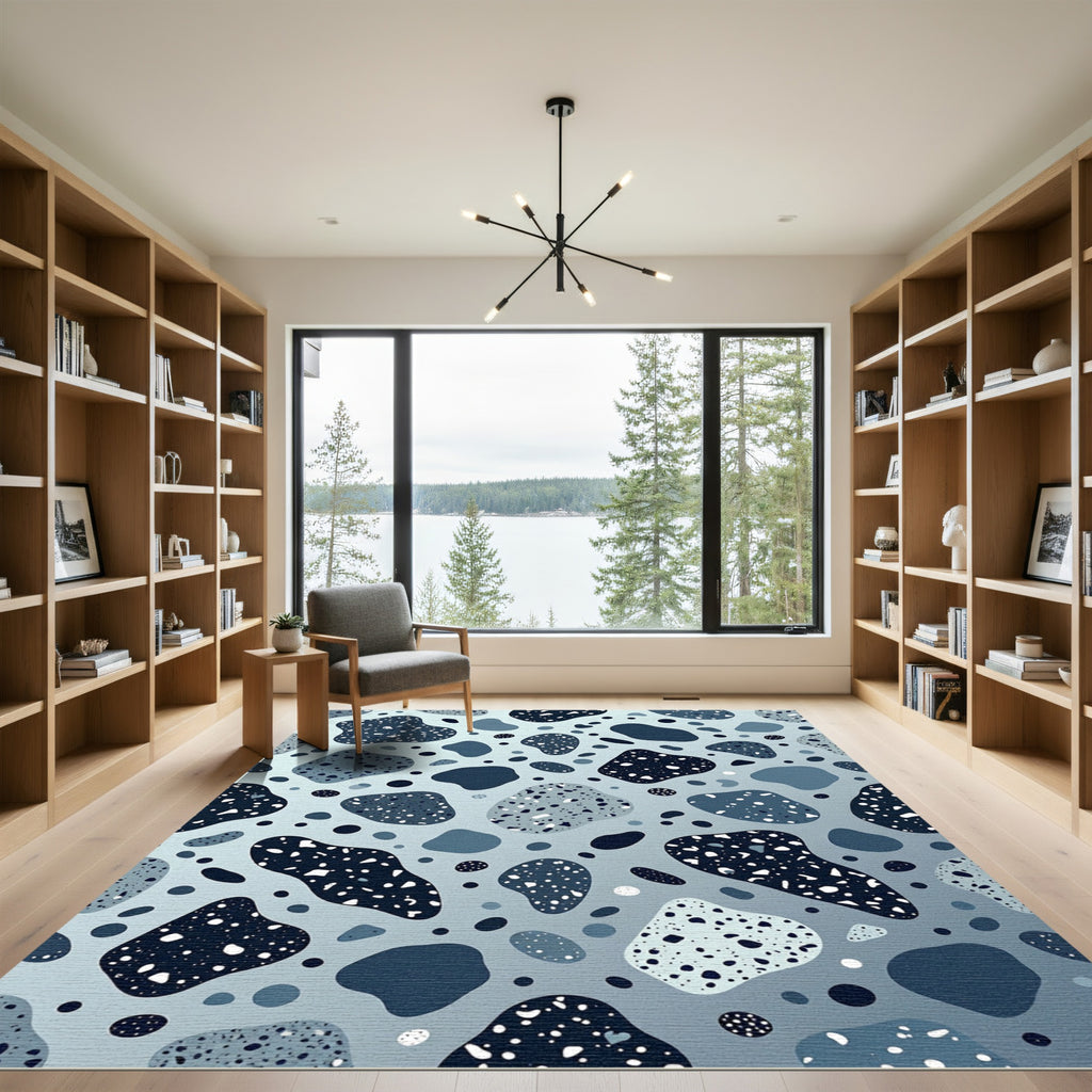 Modern Blue Terrazzo Speckled Abstract Rug