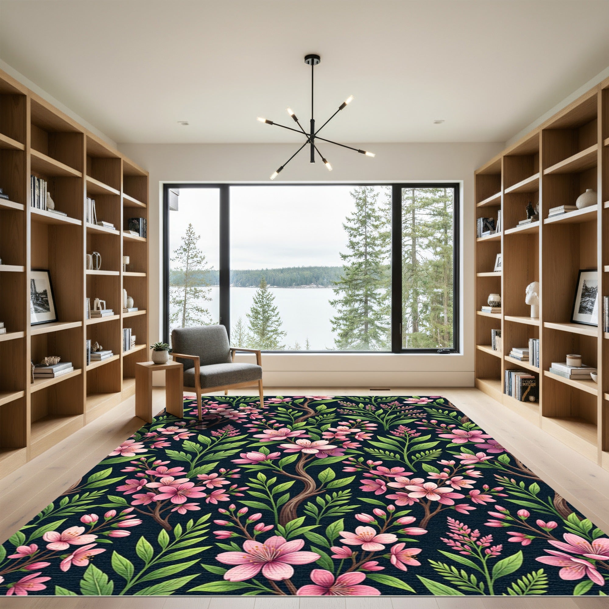 Delicate Pink Blossom Branch Floral Dark Rug