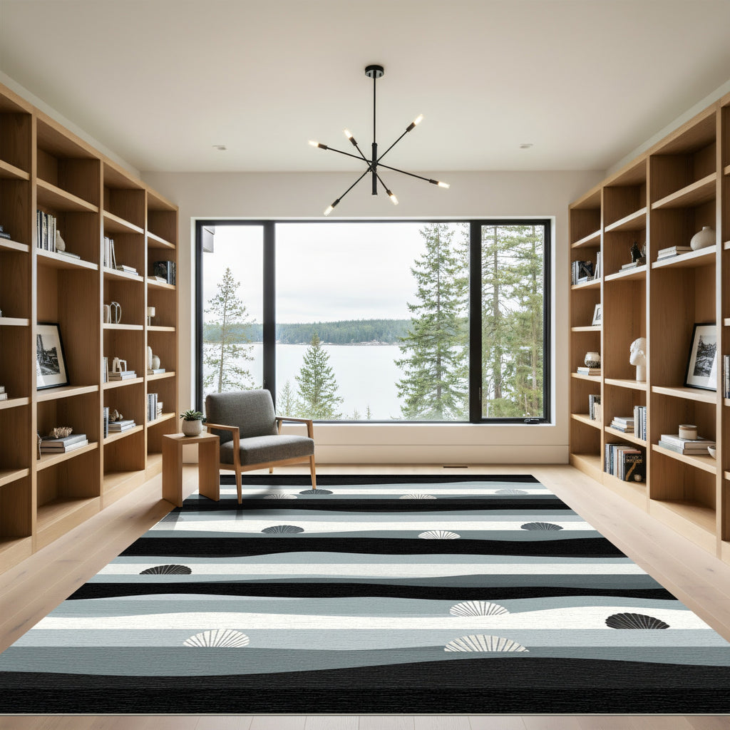 Minimalist Monochrome Wavy Shell Coastal Rug