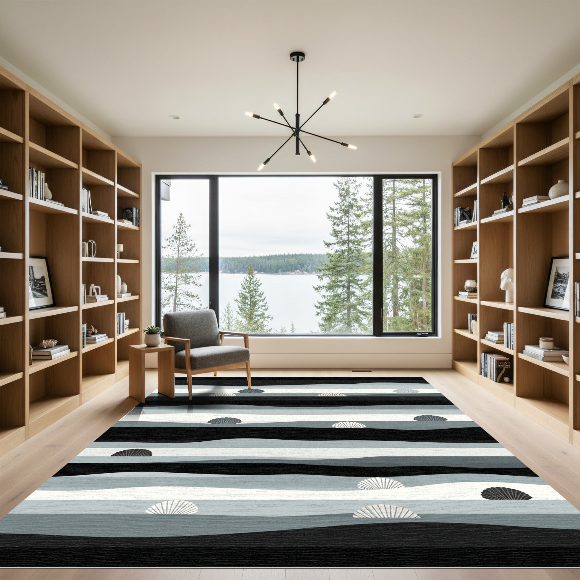 Minimalist Monochrome Wavy Shell Coastal Rug
