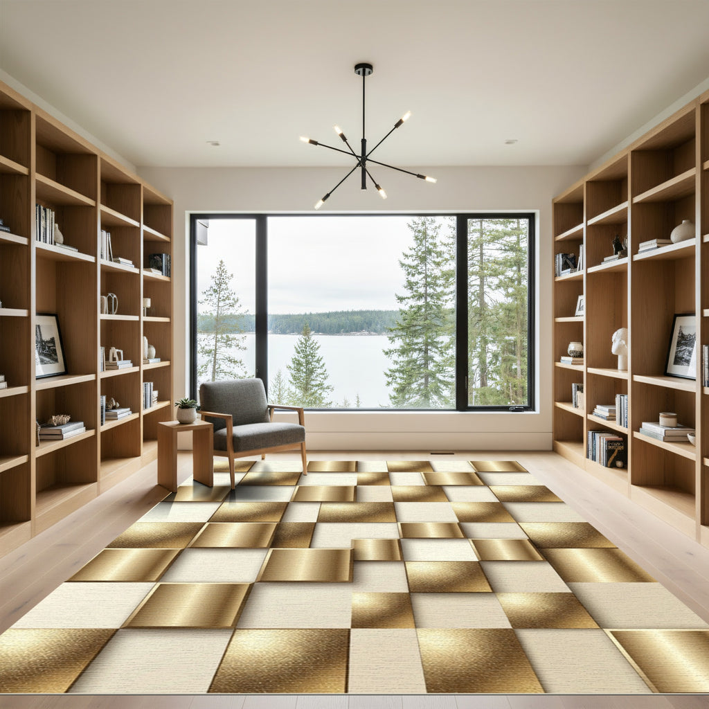Gilded Gold Geometric Offset Squares Rug