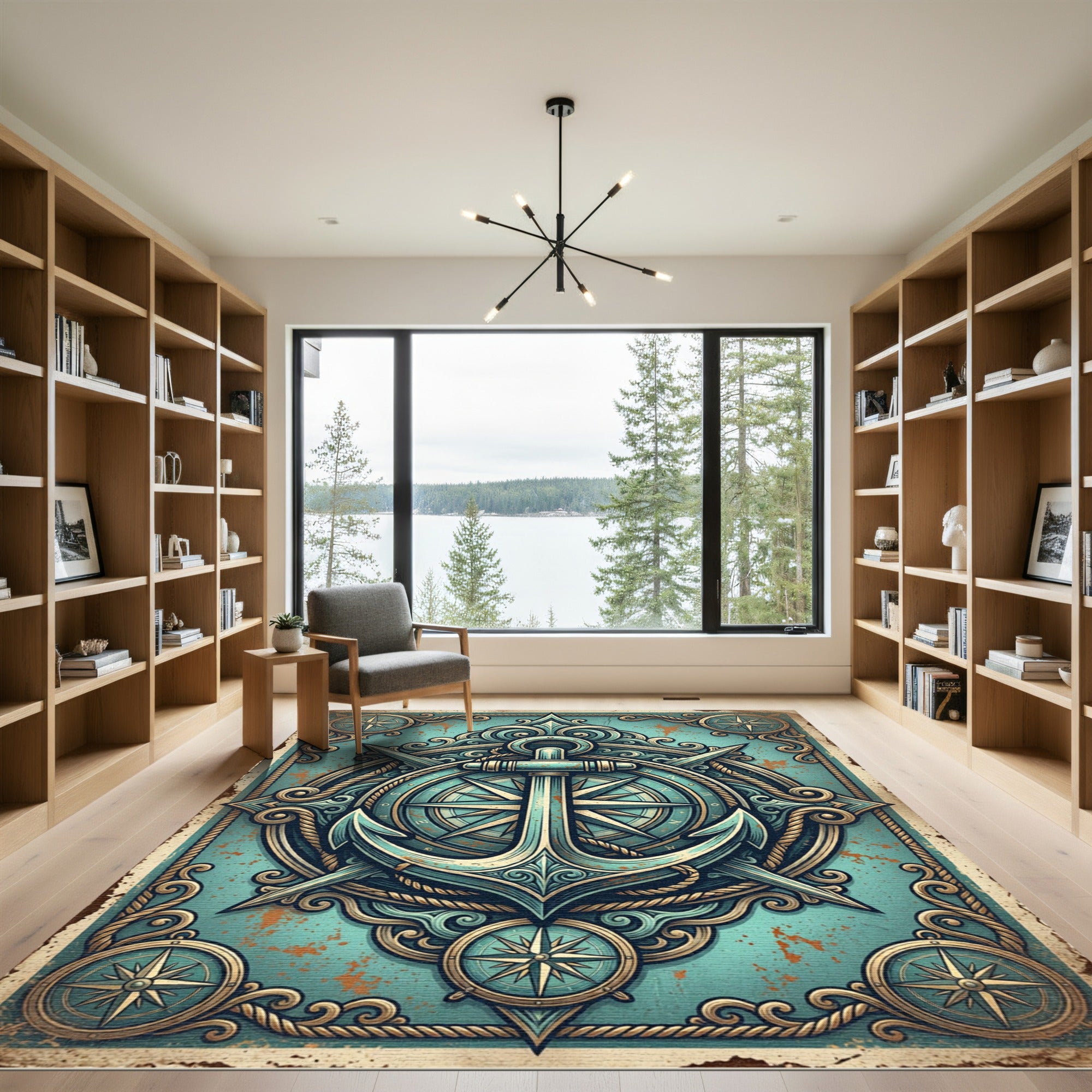 Vintage Nautical Anchor Compass Teal Decor Rug