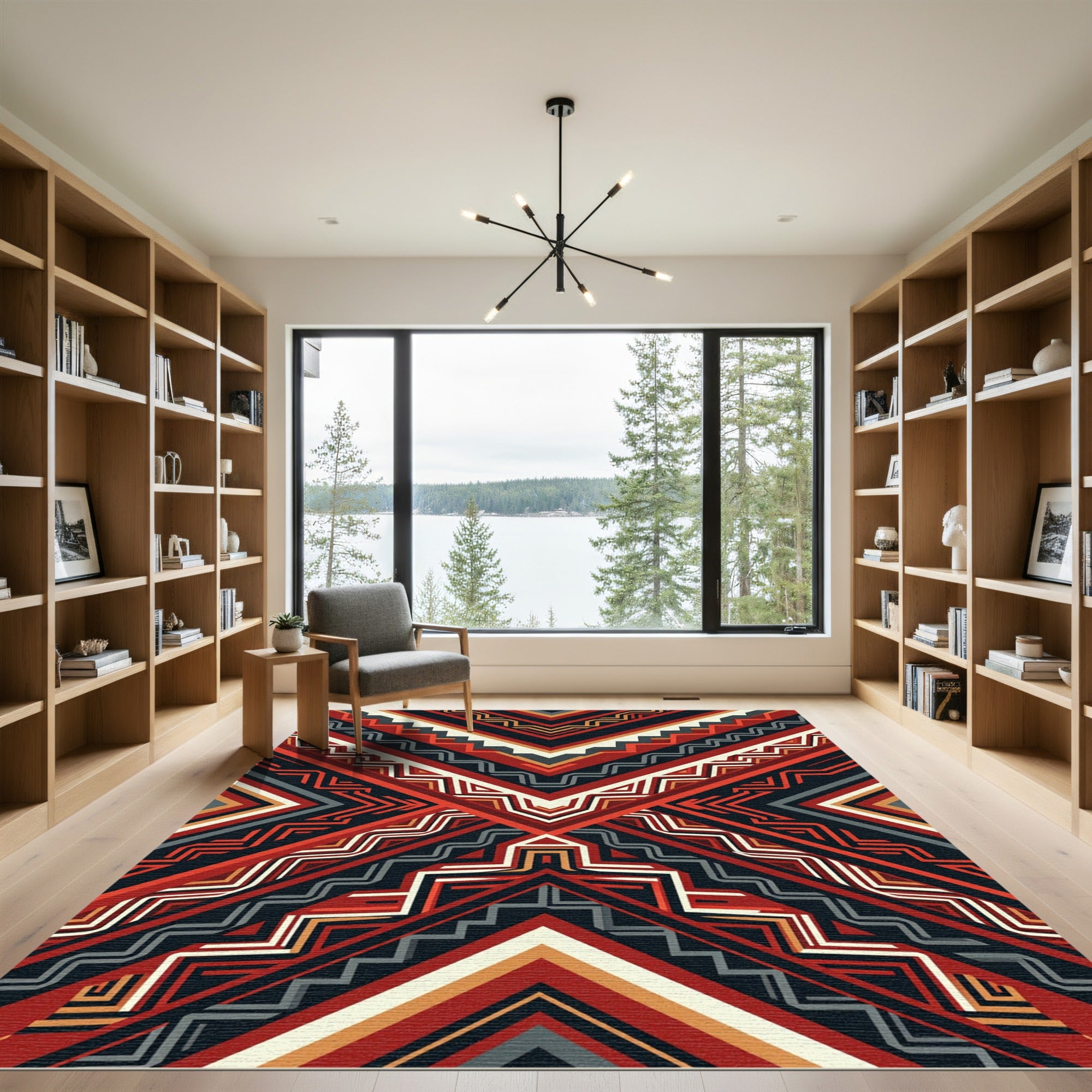 Bold Crimson Geometric Chevron Abstract Rug