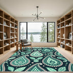 Elegant Teal Paisley Floral Scroll Area Rug