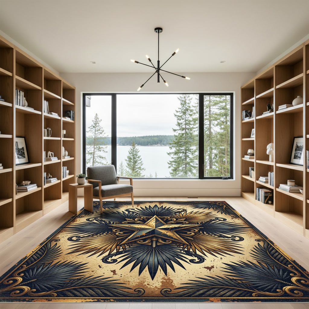 Vintage Gold Star Tropical Palm Foliage Rug