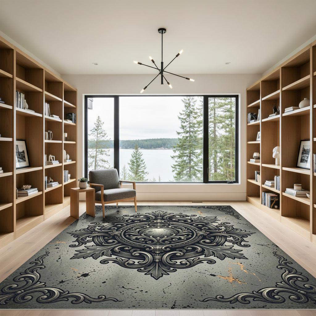 Ornate Charcoal Damask Filigree Medallion Rug