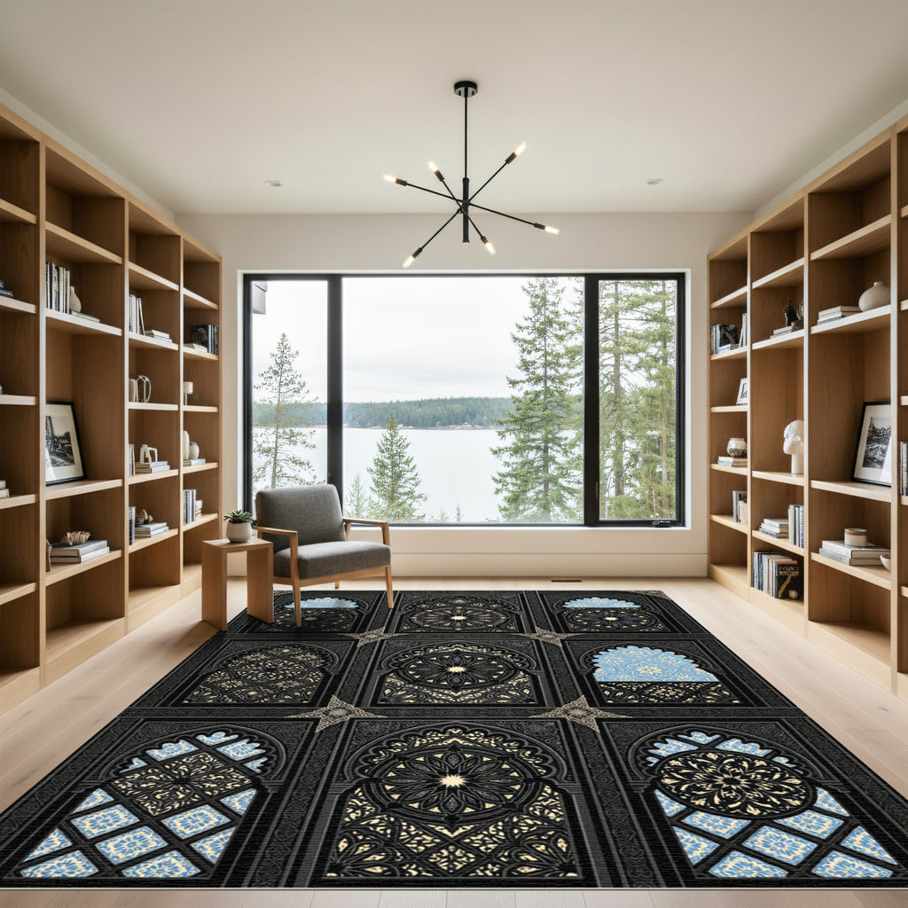 Black Arches Floral Blue Medallion Rug