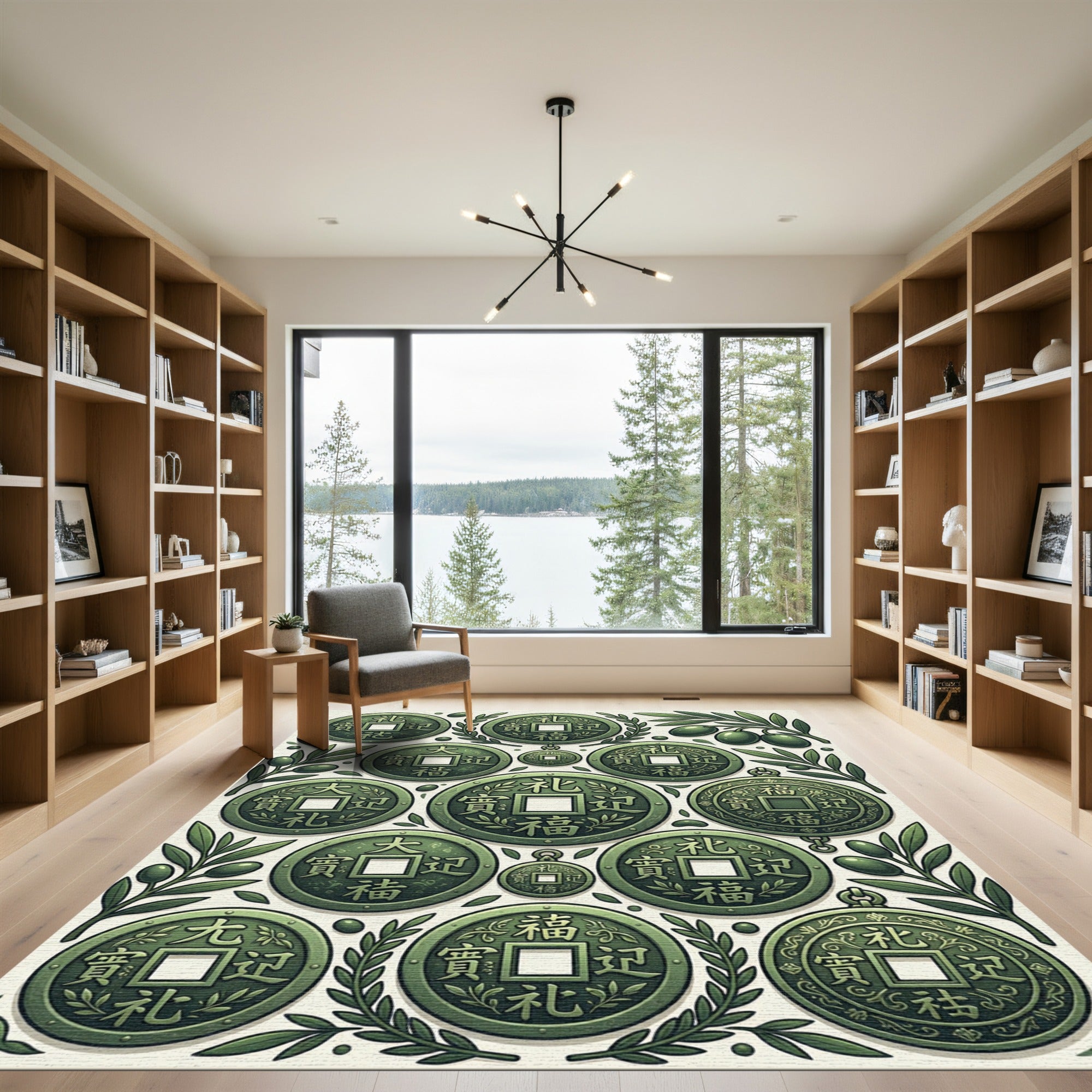 Olive Green Ancient Coin Botanical Arrangement Rug