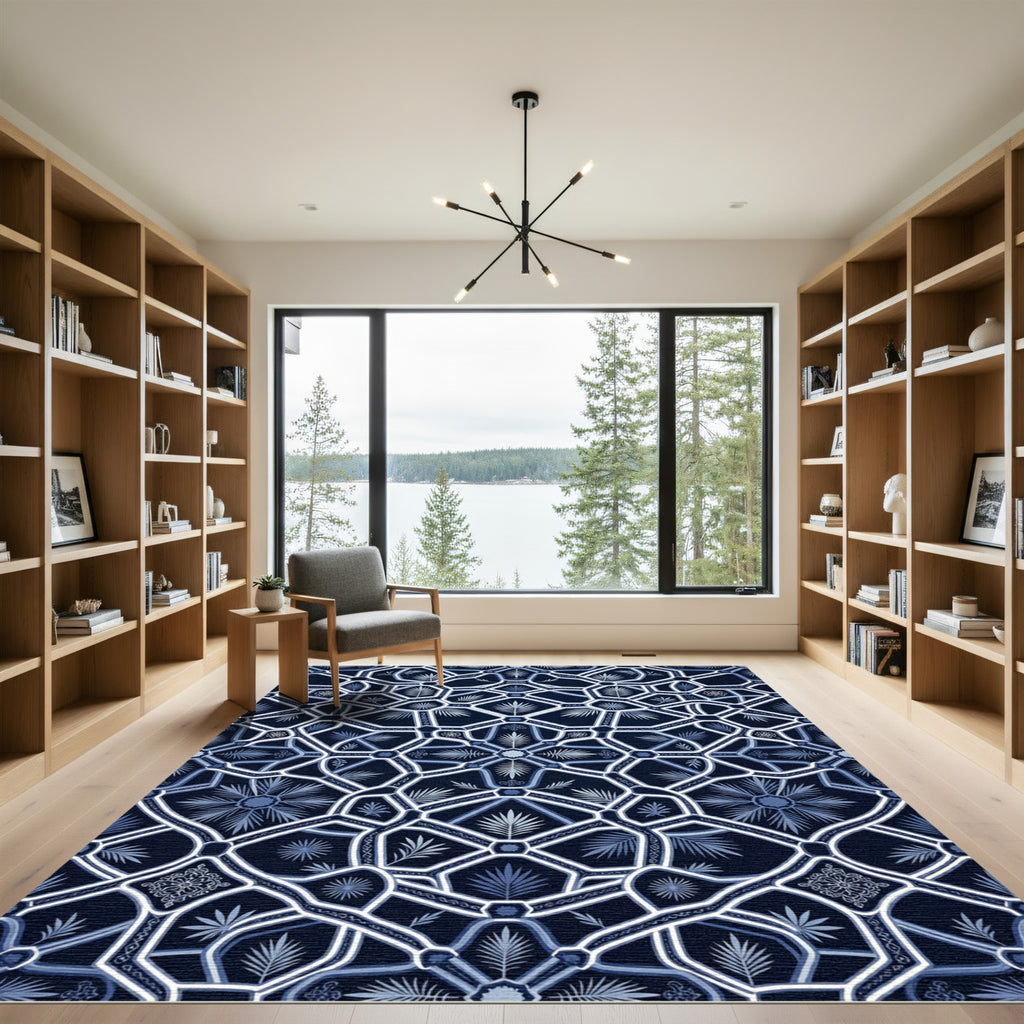Deep Blue Geometric Fern Lattice Rug