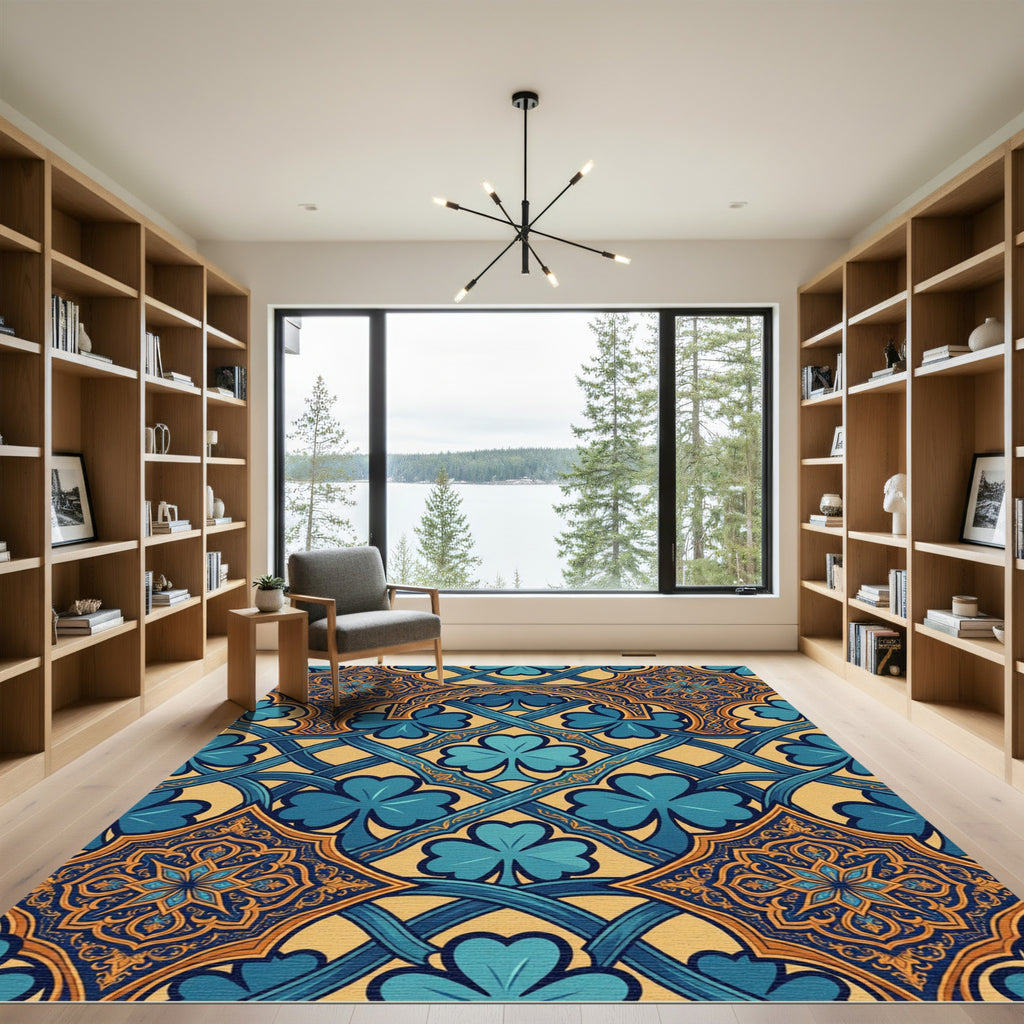 Ornate Gold Blue Clover Trefoil Interlace Rug