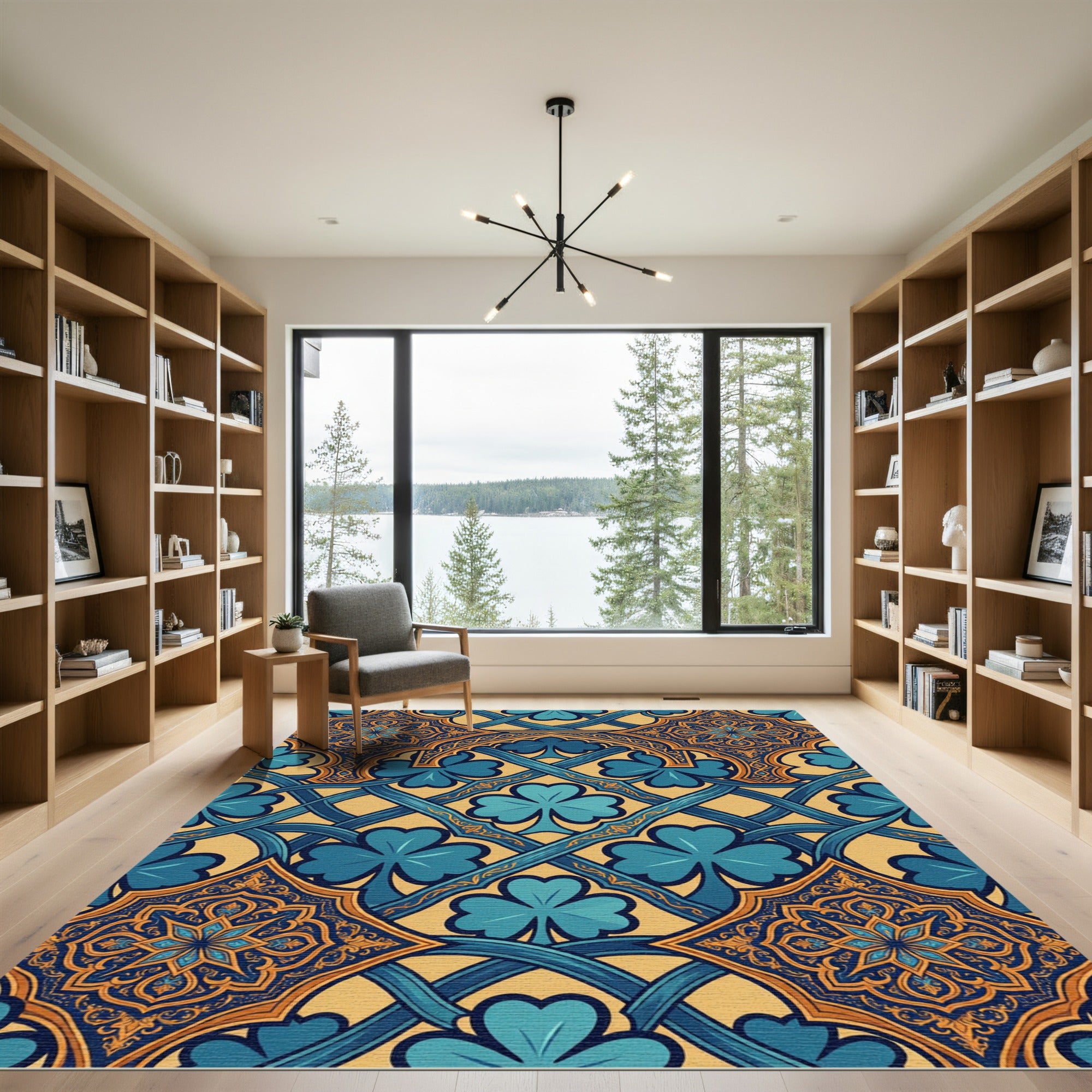 Ornate Gold Blue Clover Trefoil Interlace Rug